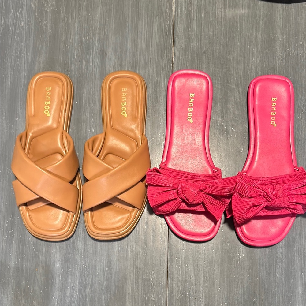 Bamboo Women's Tan and Pink Slide Sandals
